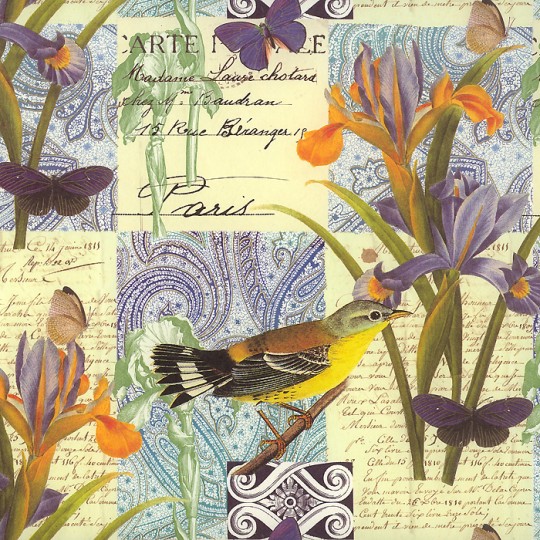 Yellow and Purple Bird and Iris Collage Print Paper ~ Rossi Italy
